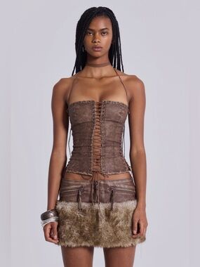 Jaded London Brown Odile Faux Fur Lace Up Corset